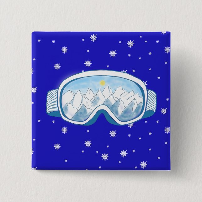 Bóton Quadrado 5.08cm Óculos de Esqui com reflexo de montanha (Frente)
