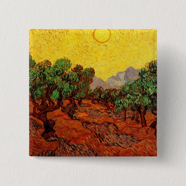 Bóton Quadrado 5.08cm Oliveiras com céu amarelo e Sun Van Gogh (Frente)