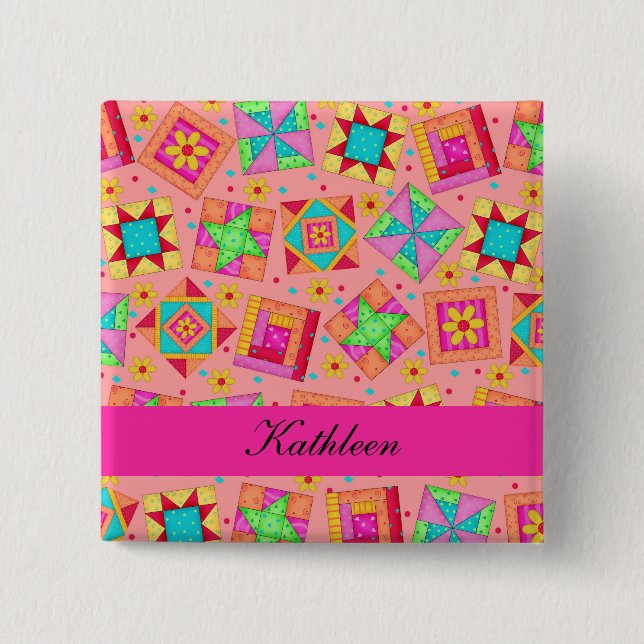 Bóton Quadrado 5.08cm Orange Fuchsia Patchwork Quilt Blocks Name Crachá (Frente)