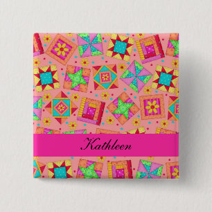 Bóton Quadrado 5.08cm Orange Fuchsia Patchwork Quilt Blocks Name Crachá