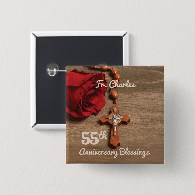 Bóton Quadrado 5.08cm Ordenação do Padre 55º Rosa e Rosary (Frente & Verso)