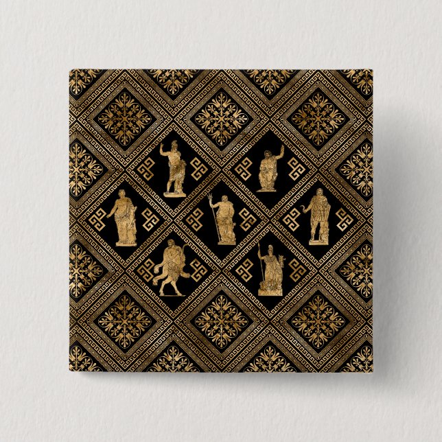 Bóton Quadrado 5.08cm Ornamento de Deidades Gregas e Chave Meander (Frente)