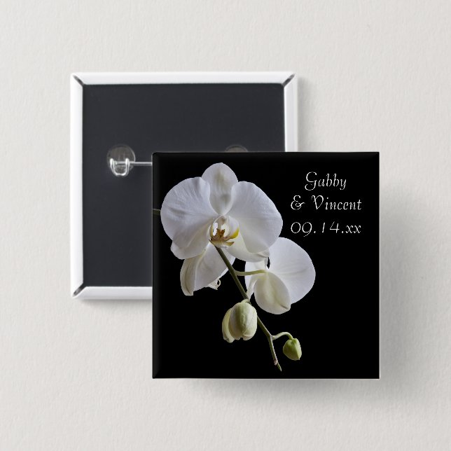 Bóton Quadrado 5.08cm Orquídea Branca no Casamento Negro (Frente & Verso)