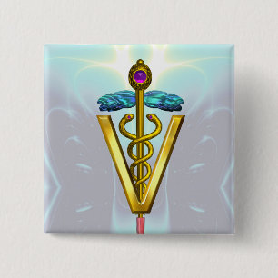Bóton Quadrado 5.08cm OURO CADUCEUS SÍMBOLO VETERINÁRIO / Branco