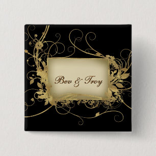 Bóton Quadrado 5.08cm Ouro elegante e design preto do redemoinho -