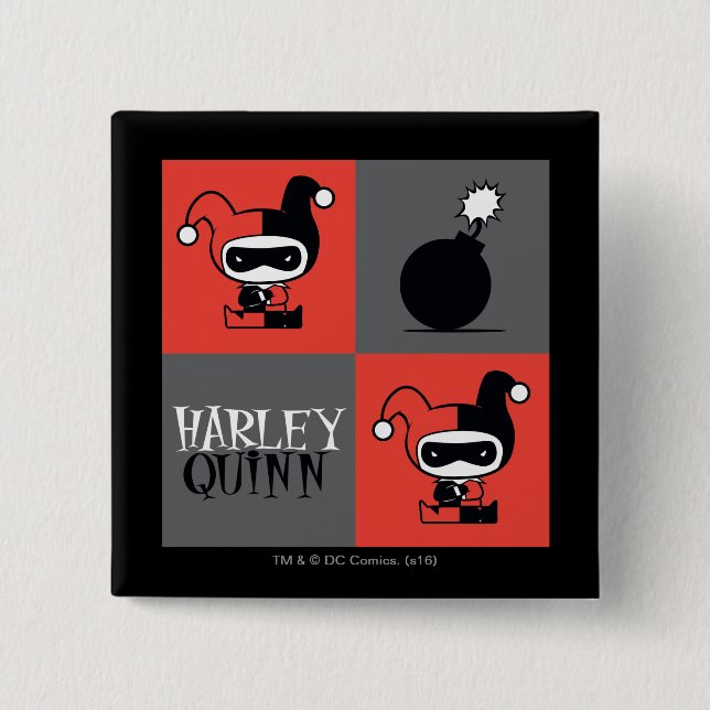 Bóton Quadrado 5.08cm Padrão Checker de Chibi Harley Quinn (Frente)