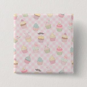 Bóton Quadrado 5.08cm Padrão de Cupcakes Fofos em Xadrez Rosa Pastel