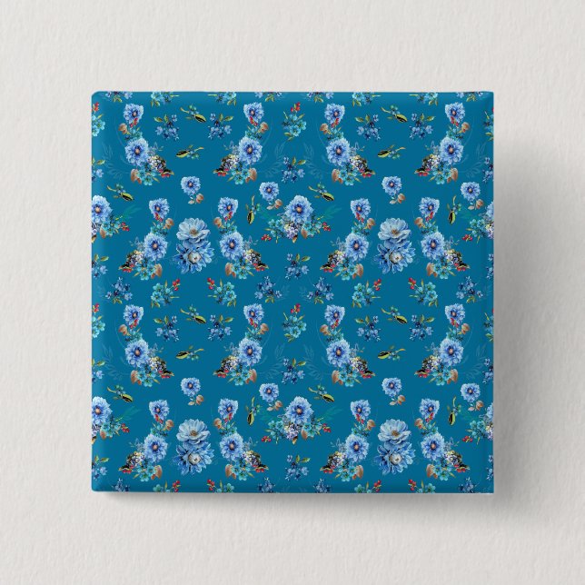 Bóton Quadrado 5.08cm Padrão de Execução de Flor de Corno de Água Azul (Frente)