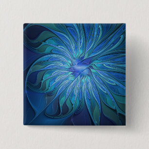 Bóton Quadrado 5.08cm Padrão de Fantasia de Flor Azul, Arte Fractal Abst