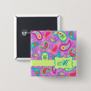 Bóton Quadrado 5.08cm Padrão de Paisley Verde-Rosa Magenta