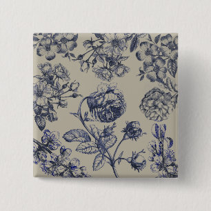 Bóton Quadrado 5.08cm Padrão Floral Botânico Toile Azul Vintage Antigo