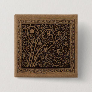 Bóton Quadrado 5.08cm Padrão Floral Vinhas Marrons e Negras