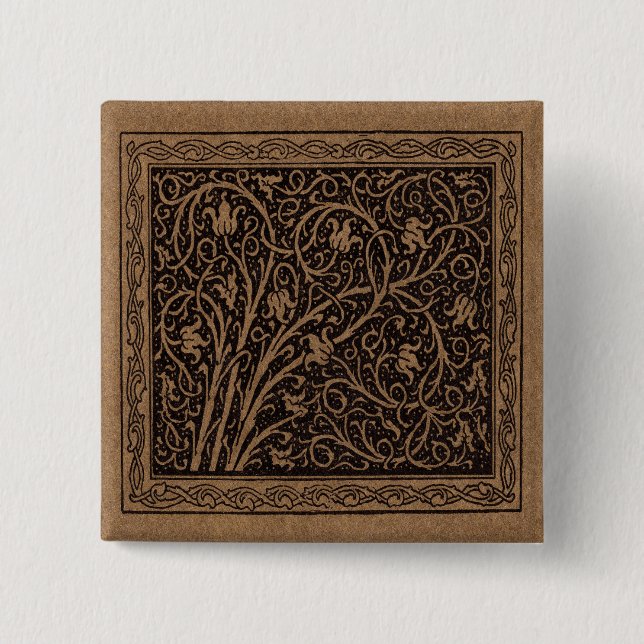 Bóton Quadrado 5.08cm Padrão Floral Vinhas Marrons e Negras (Frente)