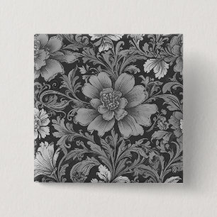 Bóton Quadrado 5.08cm Padrão Floral Vintage Monocromático