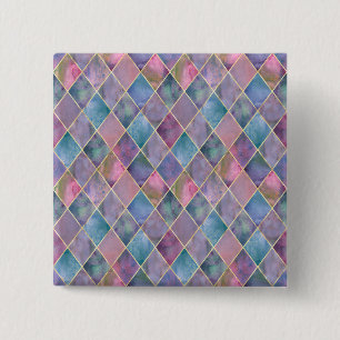 Bóton Quadrado 5.08cm Padrão Geométrico de Diamante Harlequim Aquarela