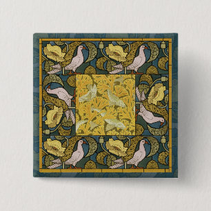 Bóton Quadrado 5.08cm Padrão Pombo Peixe Art Nouveau Antigo Verneuil