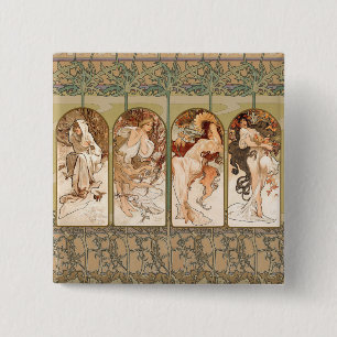 Bóton Quadrado 5.08cm Painel Art Nouveau Alphonse Mucha Quatro Estações