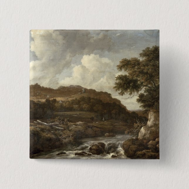 Bóton Quadrado 5.08cm Paisagem arborizada montanhosa com uma torrente (Frente)