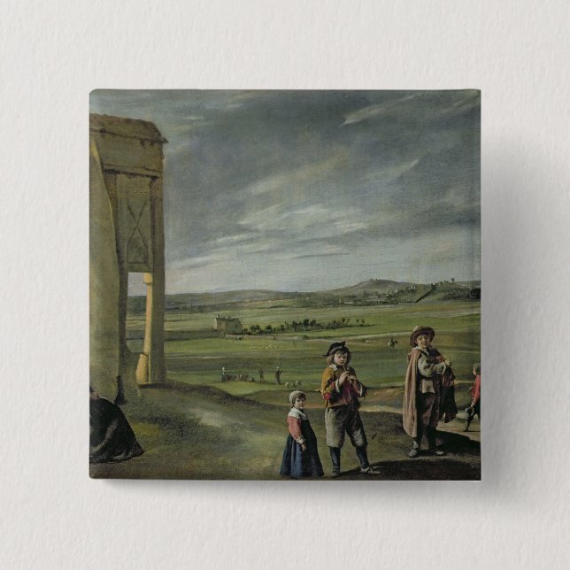 Bóton Quadrado 5.08cm Paisagem com camponeses, c.1640 (Frente)