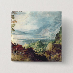 Bóton Quadrado 5.08cm Paisagem com mar e montanhas (óleo em canvas)