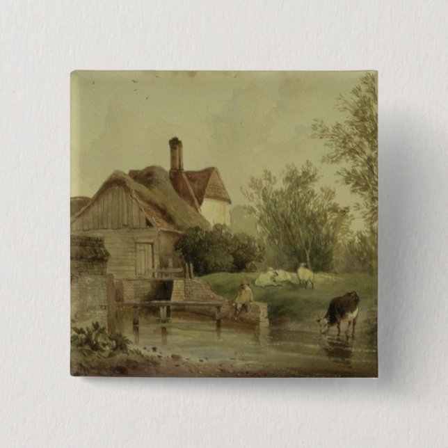 Bóton Quadrado 5.08cm Paisagem com uma casa de campo (Frente)