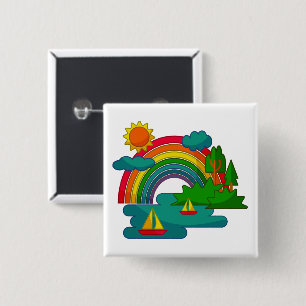 Bóton Quadrado 5.08cm Paisagem de viagem de barco sob nuvens solares e a