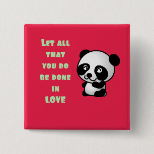Bóton Quadrado 5.08cm Panda com citação de amor inspiracional