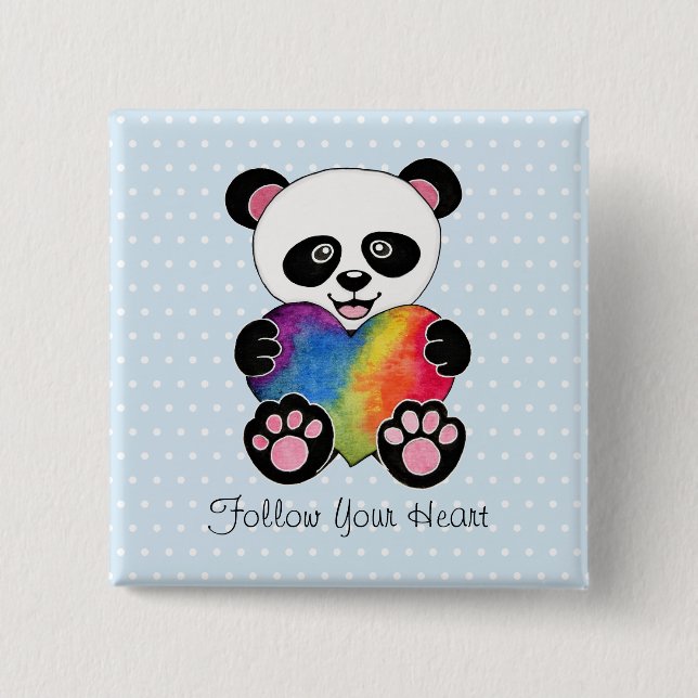 Bóton Quadrado 5.08cm Panda Cuta De Aquarela Com Coração Arco-Íris (Frente)