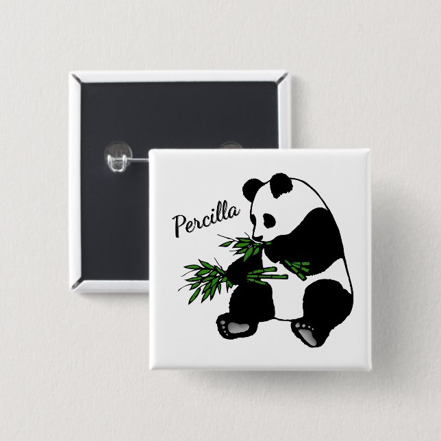 Bóton Quadrado 5.08cm Panda Gigante Come Bambu Nome   (Frente & Verso)