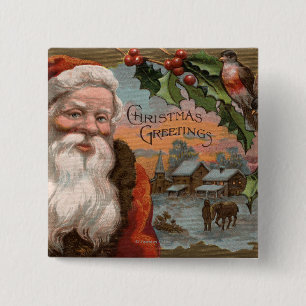 Bóton Quadrado 5.08cm Papai noel com azevinho, cena da vila