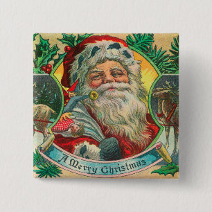 Bóton Quadrado 5.08cm Papai noel do Feliz Natal e cena da rena