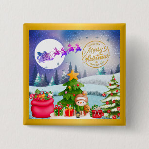 Bóton Quadrado 5.08cm Papai Noel Feliz Natal Árvore Presente & Feliz Ano