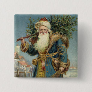 Bóton Quadrado 5.08cm Papai Noel Vitoriano Antigo com Árvore de Natal