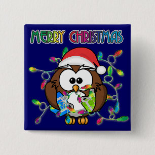 Bóton Quadrado 5.08cm Papais noeis coruja e luzes de Natal