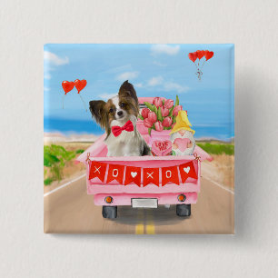 Bóton Quadrado 5.08cm Papillon Dog Truck Hearts Dia de os namorados