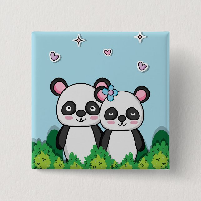 Bóton Quadrado 5.08cm Par de Pandas (Frente)