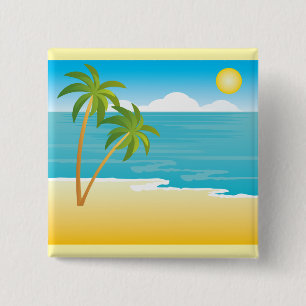Bóton Quadrado 5.08cm Paraíso de Praia Tropical com Palmeiras
