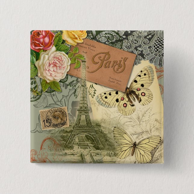 Bóton Quadrado 5.08cm Paris França Antiga Colagem de Trabalho de arte Ei (Frente)