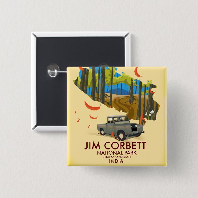 Bóton Quadrado 5.08cm Parque Nacional Jim Corbett, Estado de Uttarakhand (Frente & Verso)