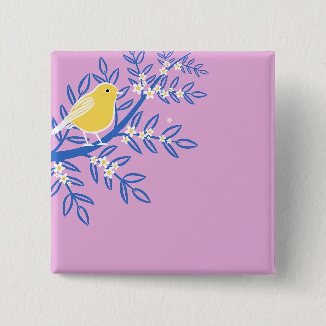 Bóton Quadrado 5.08cm Pássaro Amarelo Ilustrado em um Fundo Rosa (Frente)