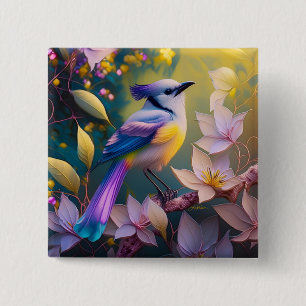 Bóton Quadrado 5.08cm Pássaro de Fantasia Amarelo Violet Tufado