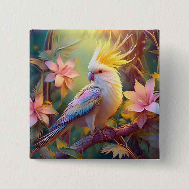Bóton Quadrado 5.08cm Pássaro Iridescente Wing Cockatiel Fantasy (Frente)