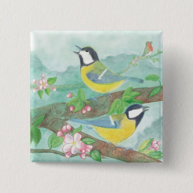 Bóton Quadrado 5.08cm Pássaros cantando em um galho de árvore florescent (Frente)