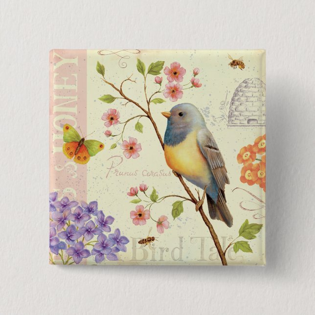 Bóton Quadrado 5.08cm Pássaros e abelhas (Frente)
