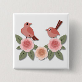 Bóton Quadrado 5.08cm Pássaros e Rosas de flores, cor-de-rosa,