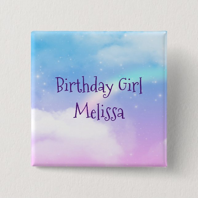 Bóton Quadrado 5.08cm Pastel Clouds e Rainbow Birthday Girl (Frente)