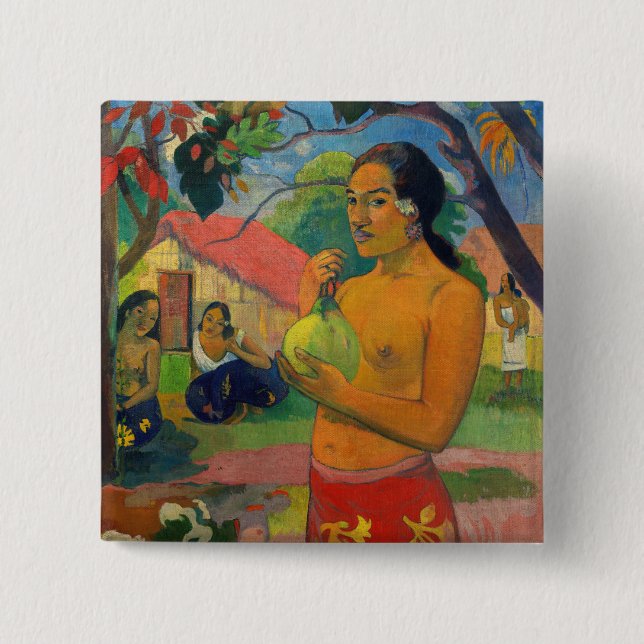 Bóton Quadrado 5.08cm Paul Gauguin - Mulher segurando uma Fruta (Frente)