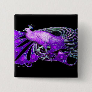 BÓTON QUADRADO 5.08CM PAVÃO ELEGANTE NA VIOLETA ROXA, PRETA