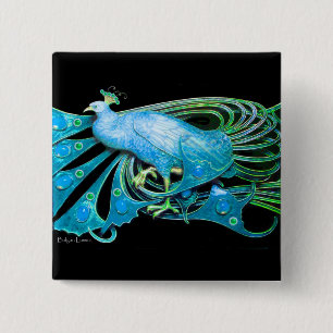 BÓTON QUADRADO 5.08CM PAVÃO ELEGANTE NO VERDE AZUL DA CERCETA DO AQUA,