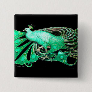BÓTON QUADRADO 5.08CM PAVÃO ELEGANTE NO VERDE, PRETO